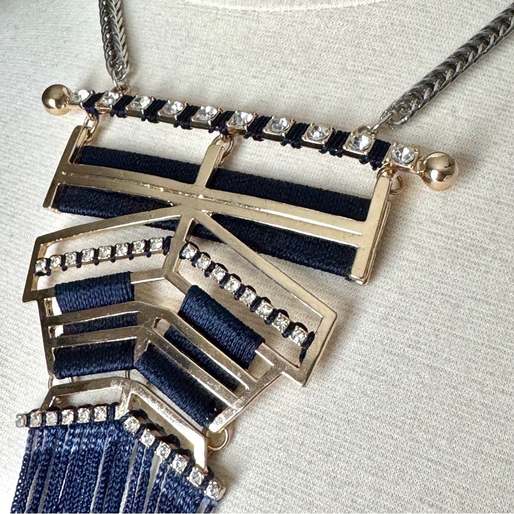 NORDSTROM statement necklace gold NAVY TASSELS silver rhinestones big bib long - Picture 5 of 9